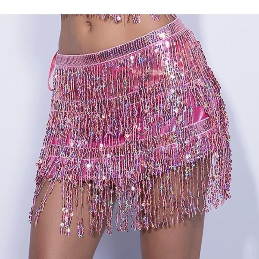 Belly Dance Skirt - Sparkly Sequins Fringe Tassel Dance Hip Short Skirt